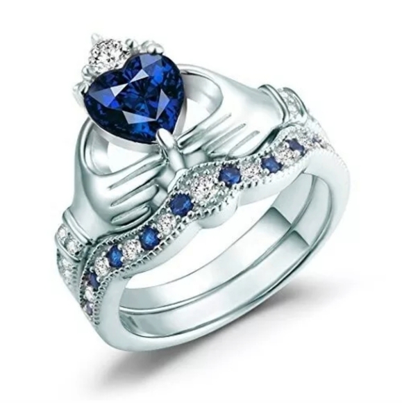 New Heart Shaped Blue Sapphire Silver Claddagh Ring Set. - Picture 2 of 4